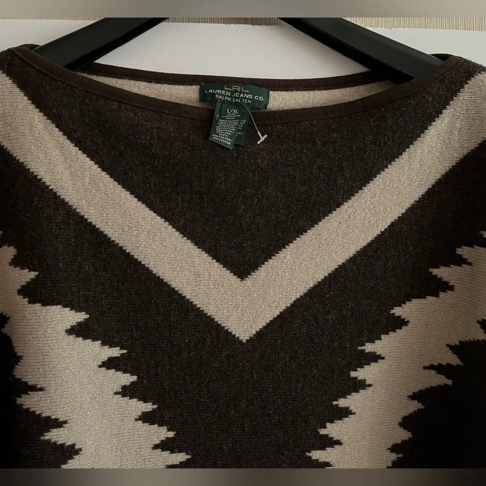 LRL Lambswool Blend Two-Ply Boiled Contrast Tribal Knit Poncho NWOT - Picture 8 of 15